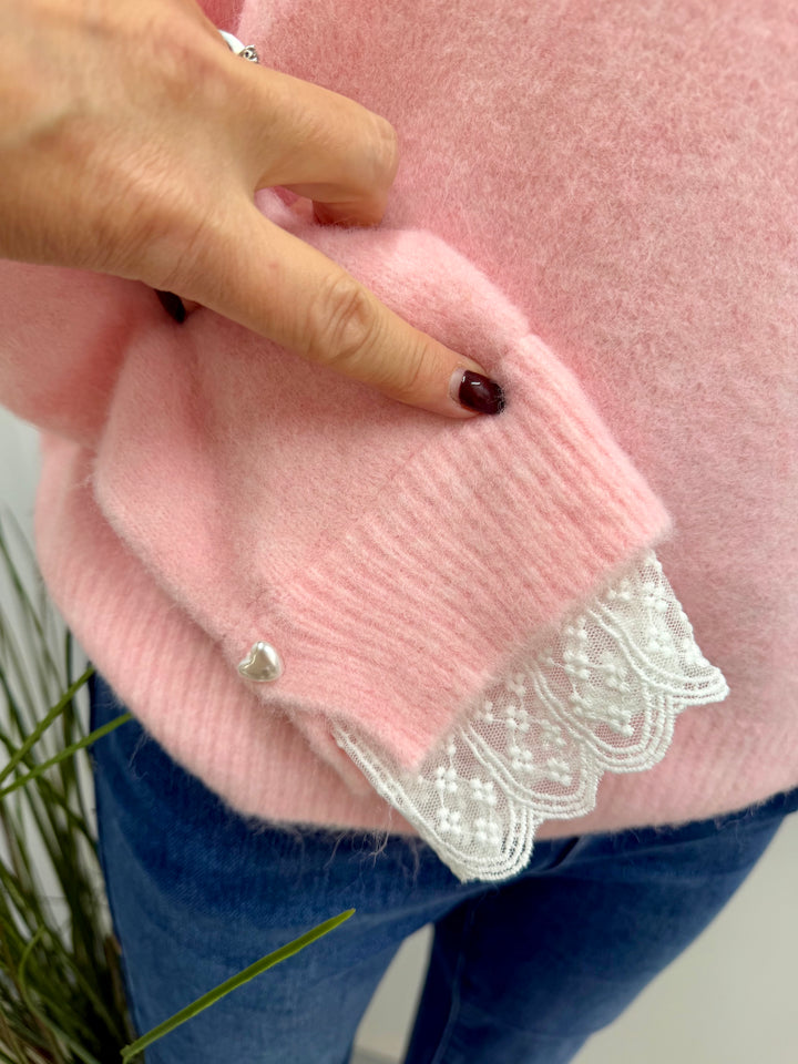 LADIES SOFT KNIT LACE CUFF JUMPER - BLUE, PINK & BEIGE