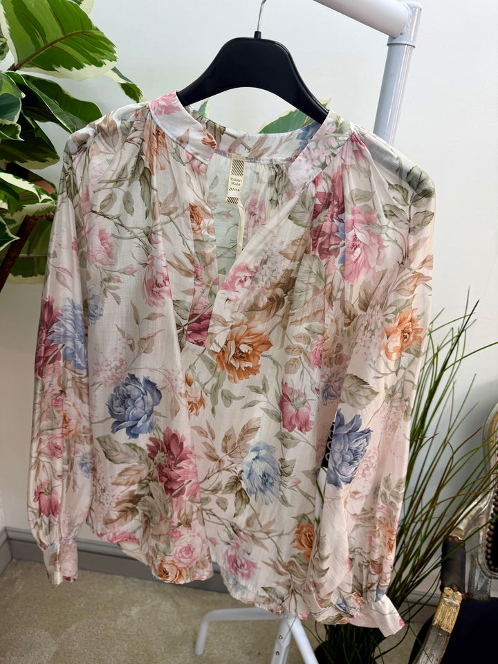 Ladies Fashion Pretty Floral Print Blouse - Pink, White & Blue