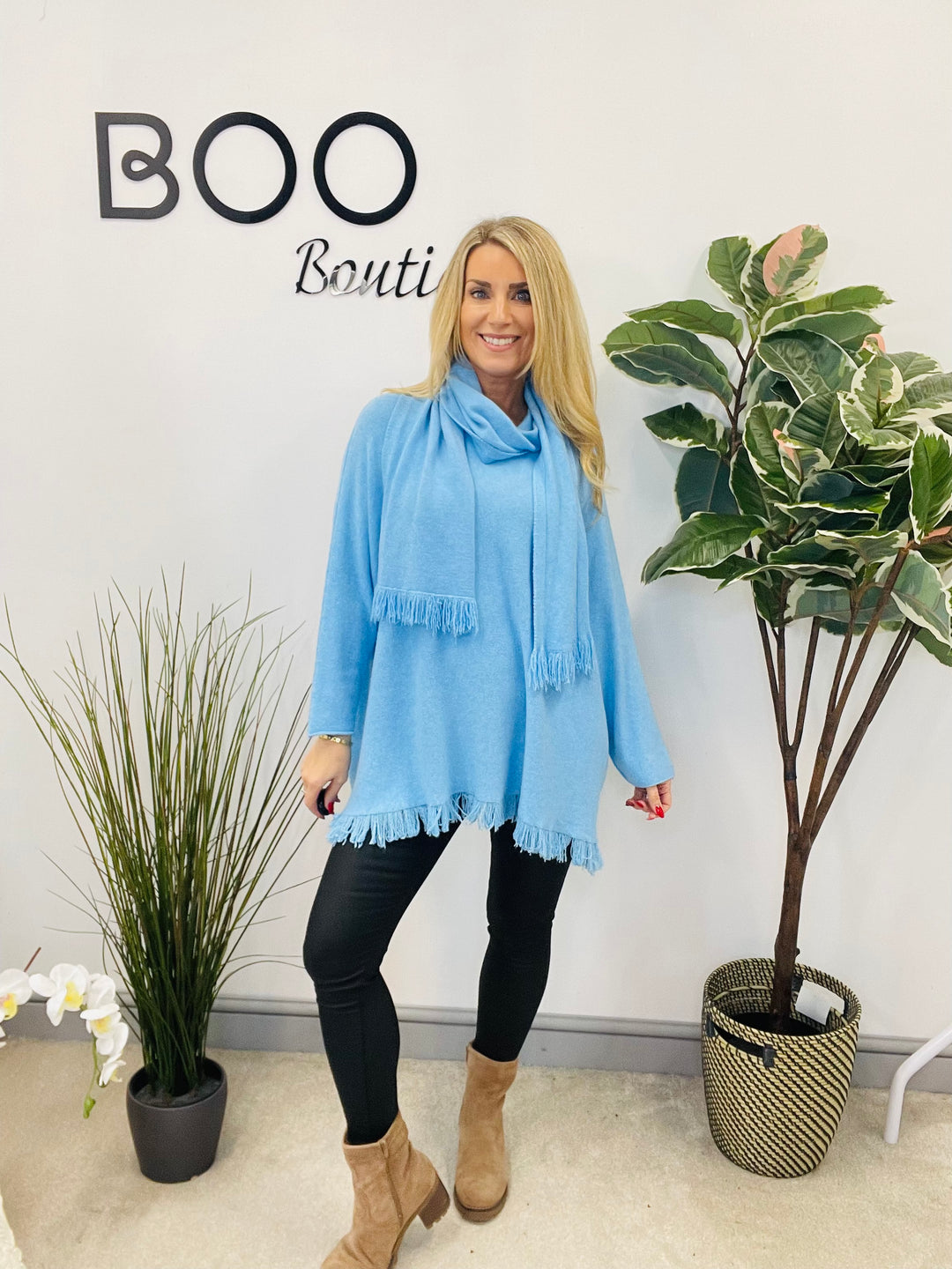 LADIES OVERSIZE JUMPER & SCARF SET AQUA BLUE