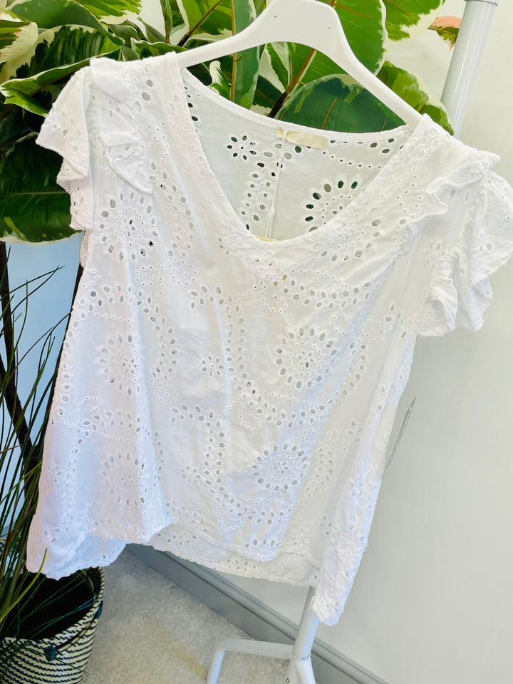 LADIES WOMENS BRODERIE ANGLAISE CUTE SUMMER TOP - WHITE, PINK, YELLOW