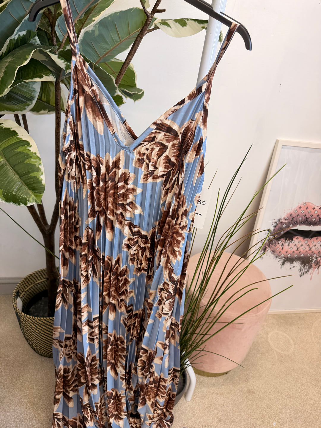 Ladies Pleated Satin Summer Maxi Dress - Brown, Khaki & Blue