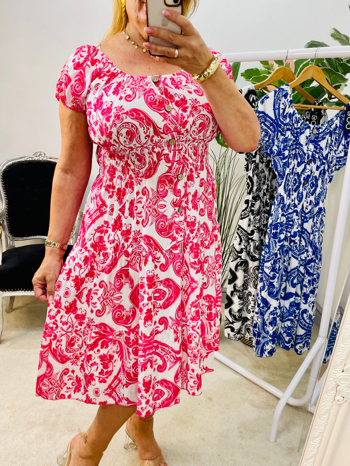 LADIES SUMMER BARDOT MIDI DAY DRESS - BLACK, PINK, BLUE