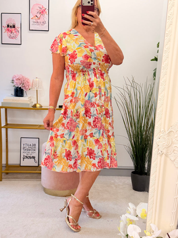 Ladies Floral Print Summer Magic Dress - Blue, Turquoise, Yellow & Green