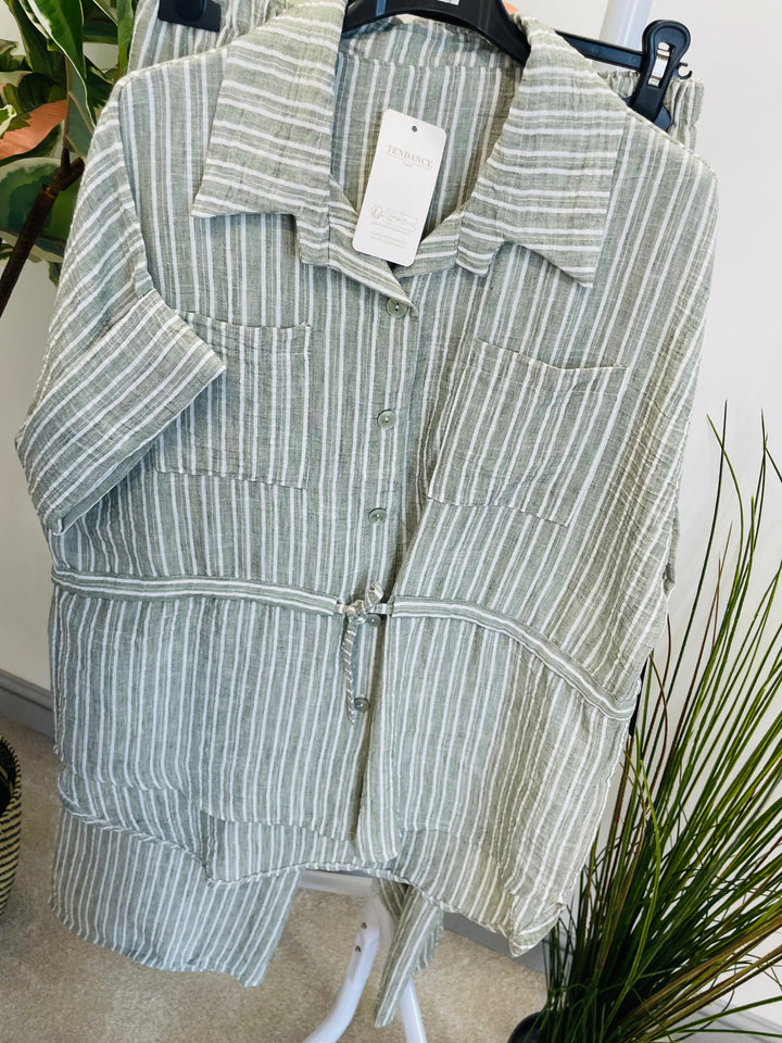 LADIES PINSTRIPE LINEN TROUSER CO ORD SET - BLUE, GREY, KHAKI & BEIGE