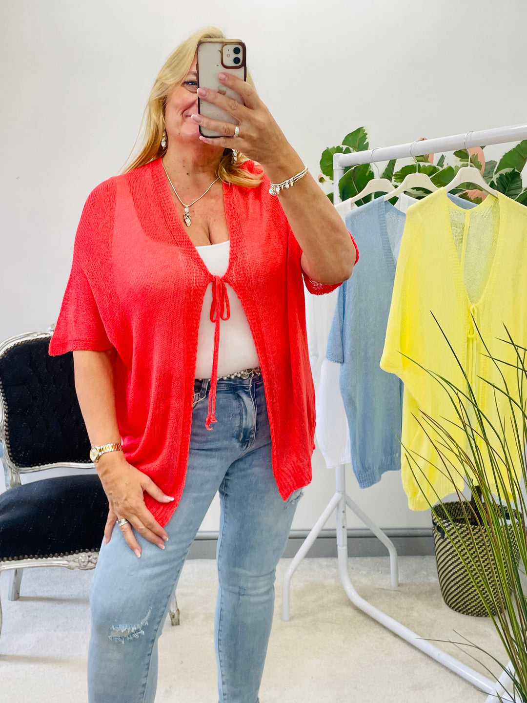 LADIES WOMENS FINE KNIT SUMMER HOLIDAY CARDIGAN - YELLOW, WHITE, CORAL & BLUE