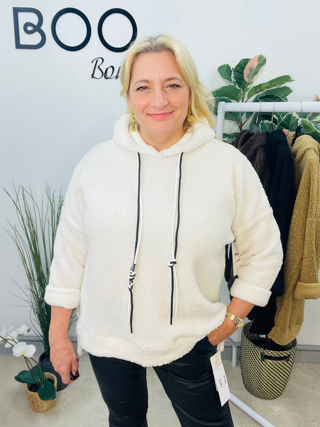 LADIES BOUCLE HOODIE TOP - BLACK, WHITE, CAMEL & BROWN