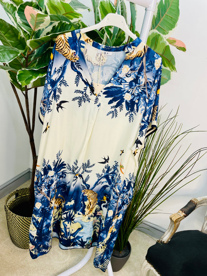 LADIES JUNGLE PRINT SUMMER LOOSE FIT SHIFT DRESS -  NAVY & BEIGE