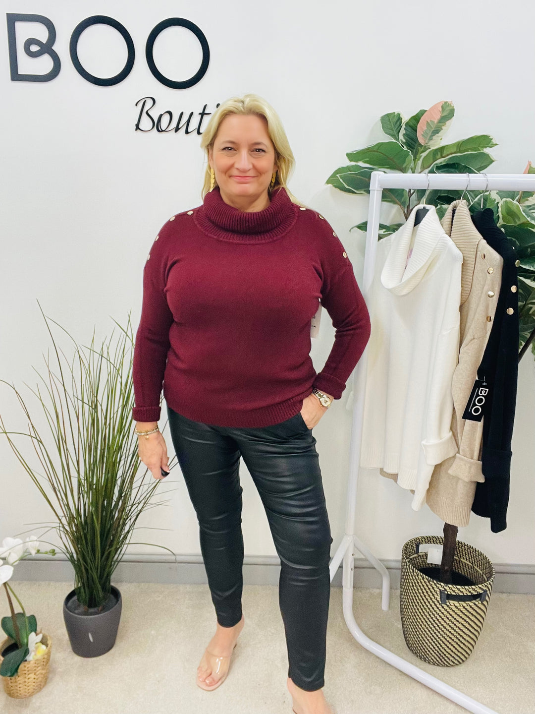 LADIES SOFT KNIT ROLL NECK JUMPER - WHITE, BLACK, BURGUNDY, BROWN & BEIGE