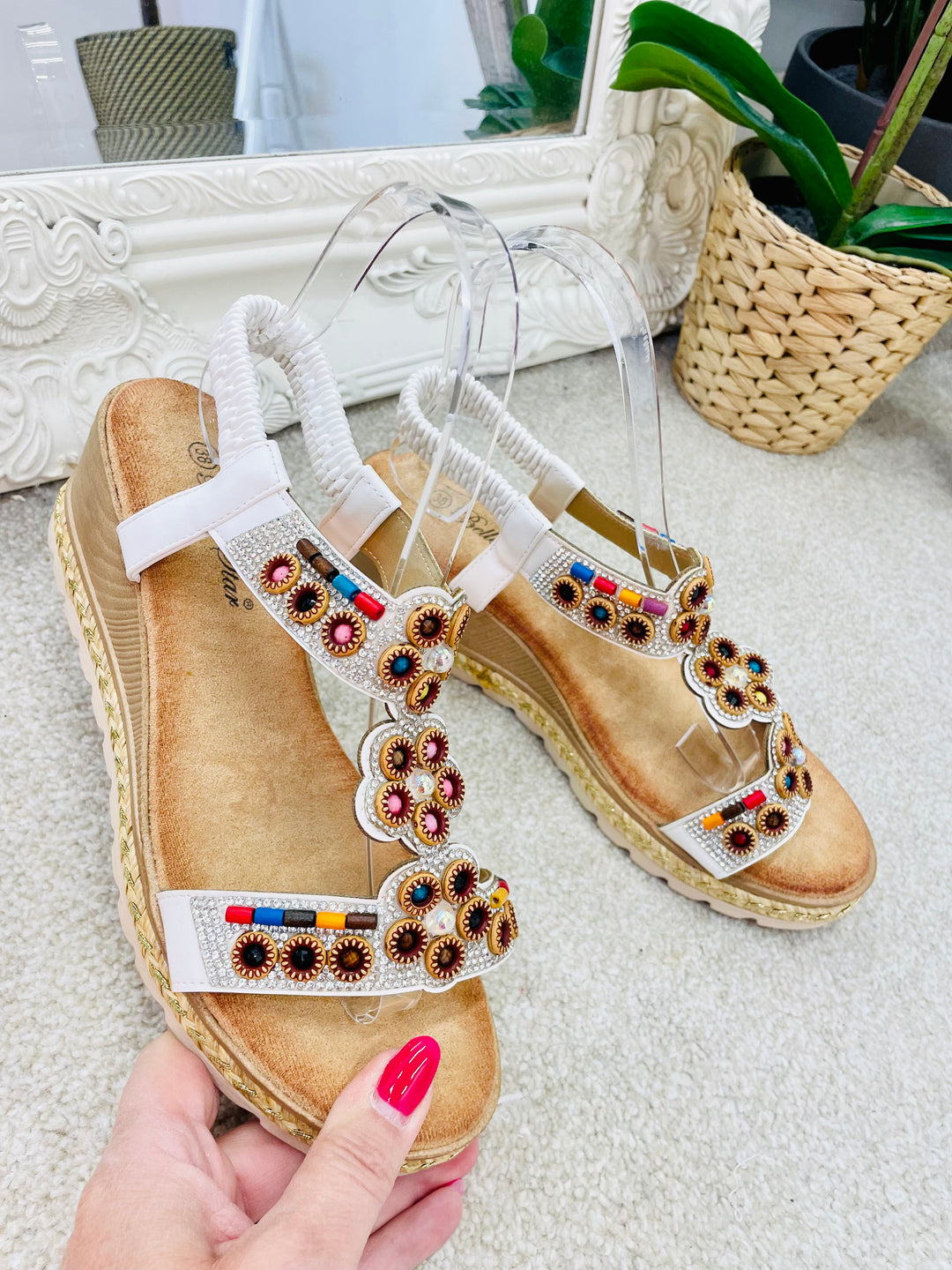 LADIES WOMENS WHITE BEADED LOW WEDGE HEEL SANDALS  sizes 3 to 8