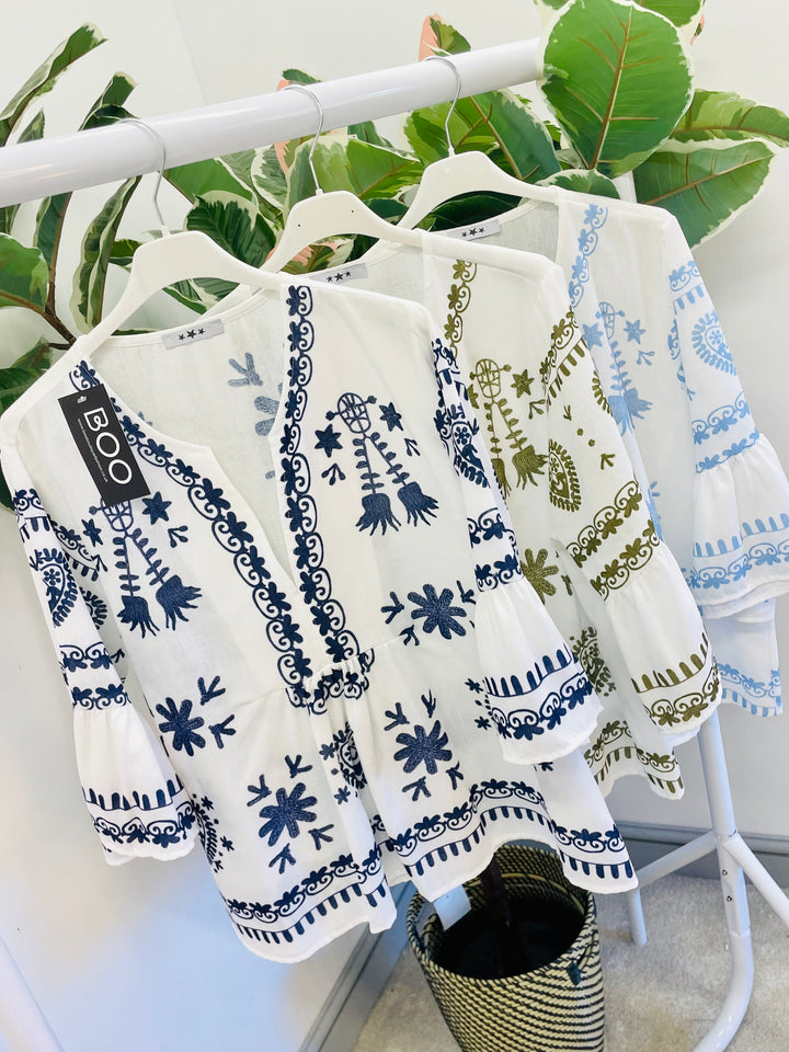 LADIES WOMENS WHITE BOHO SMOCK TOP - BLUE, NAVY & KHAKI