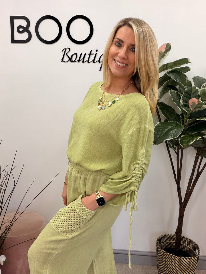 Ladies Fashion Ruche Sleeve Teabag Linen Top pistachio lime green