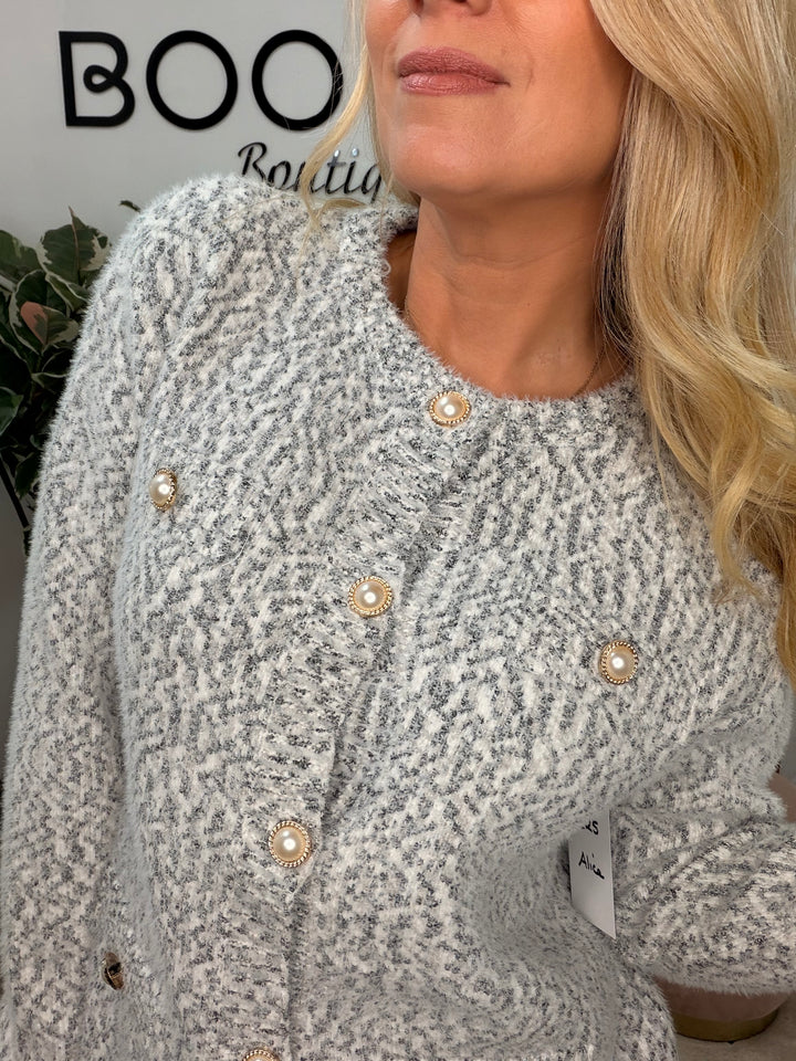 Ladies Fashion Soft Fluffy White Cardigan Jumper - Black & Brown fleck