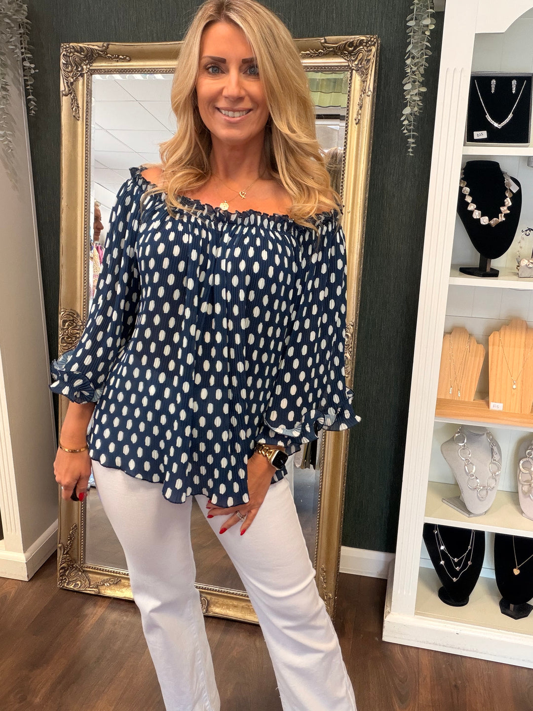 Ladies Pleated Polka Dot Bardot Top - White, Black, Navy & Beige