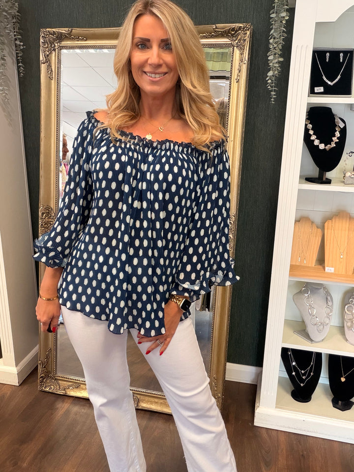 Ladies Pleated Polka Dot Bardot Top - White, Black, Navy & Beige