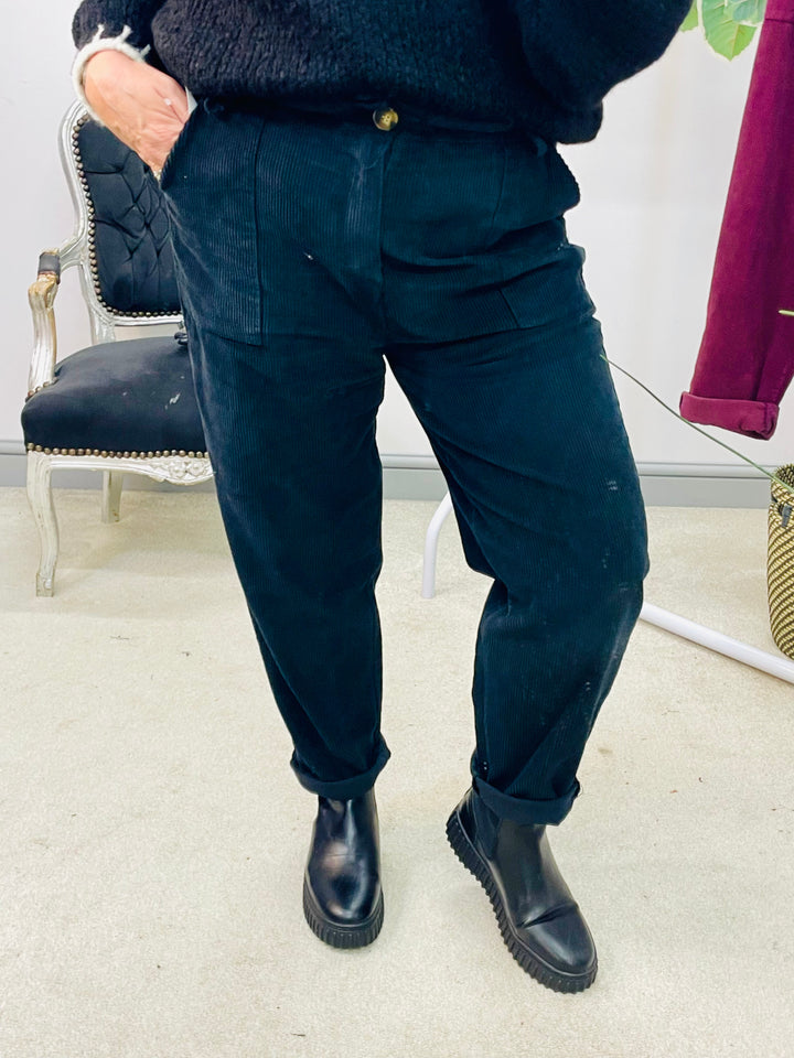 LADIES TRENDY BAGGY CORD TROUSERS - BLACK & PLUM