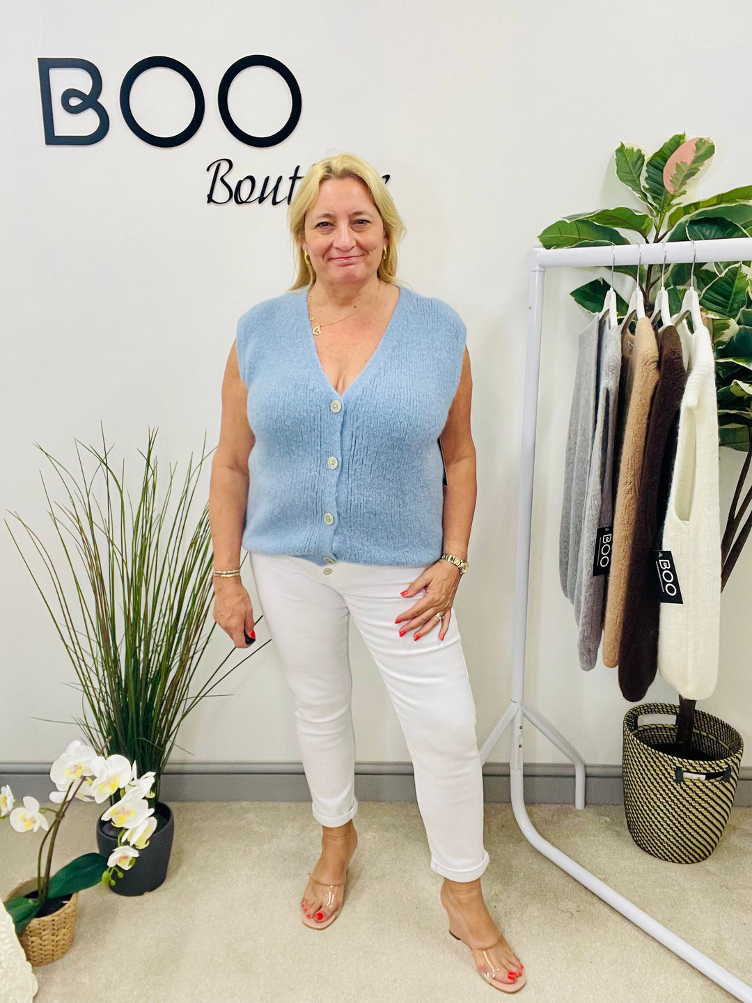 LADIES KNITTED WAISTCOAT - WHITE, BLUE, GREY, CAMEL & BROWN