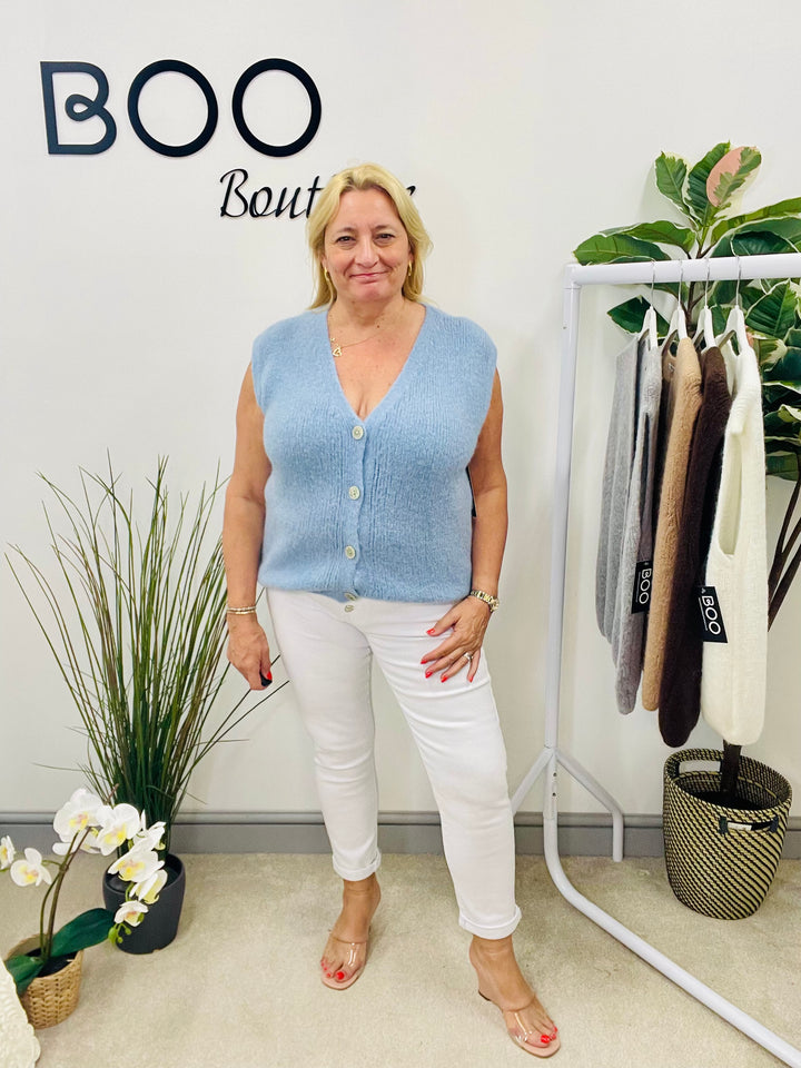 LADIES KNITTED WAISTCOAT - WHITE, BLUE, GREY, CAMEL & BROWN