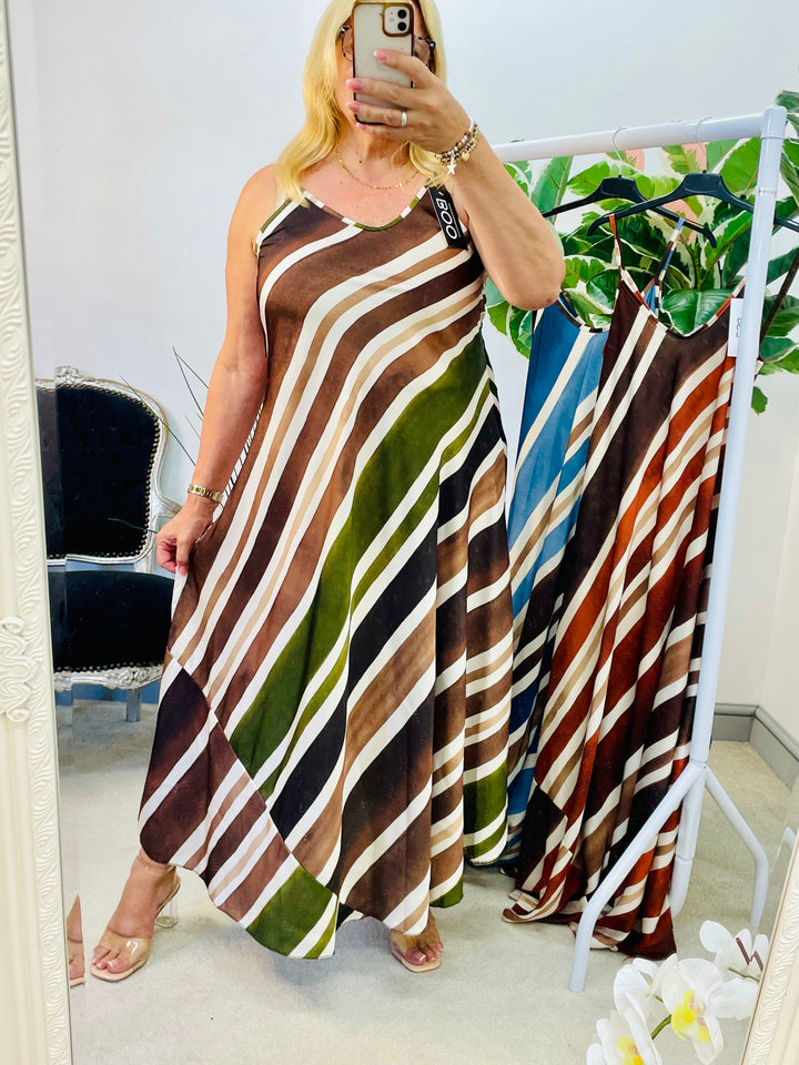 LADIES STRIPE SUMMER SATIN MAXI DRESS - BLUE, BROWN & KHAKI