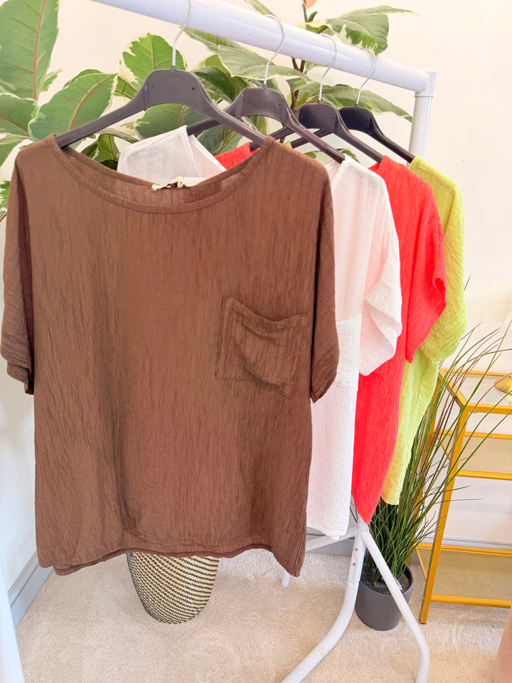Ladies Non Crease Short Sleeve Top - Lime, White, Brown & Coral
