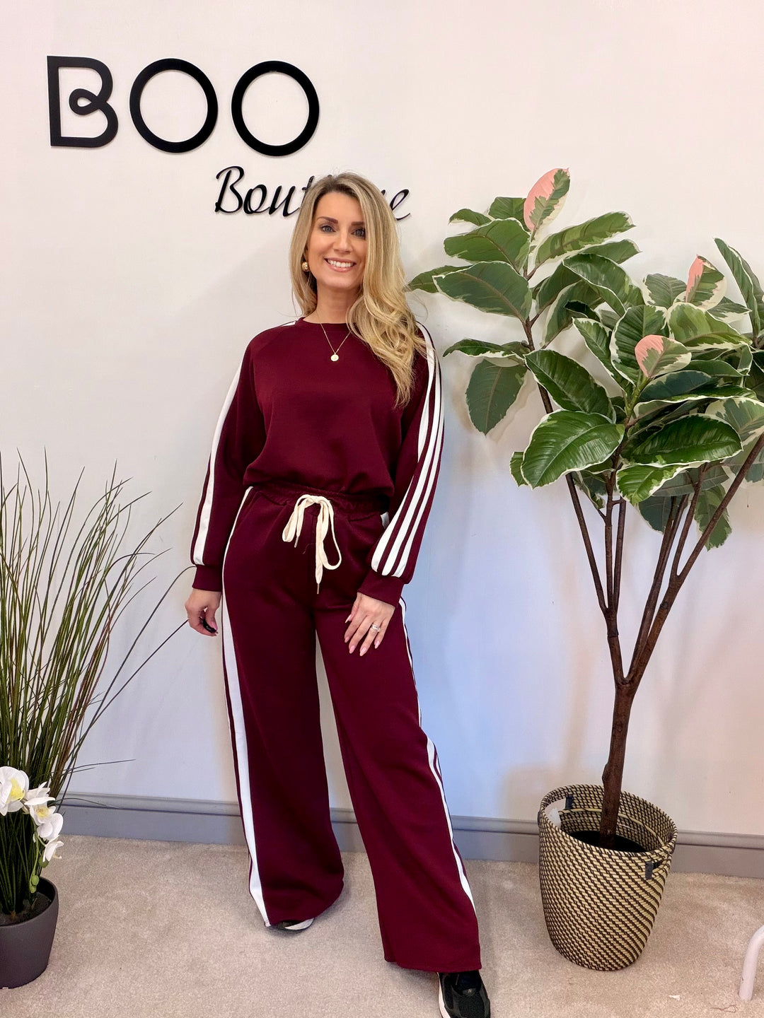 Ladies Fashion Wide Leg Tracksuit co ord set berry