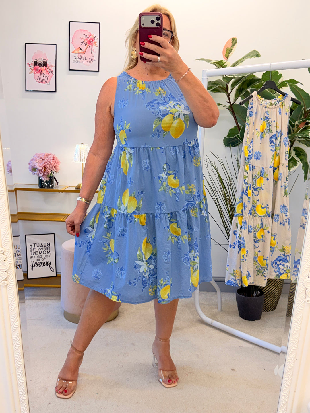 Ladies Lemon Print Summer Sun Dress - Blue & Beige