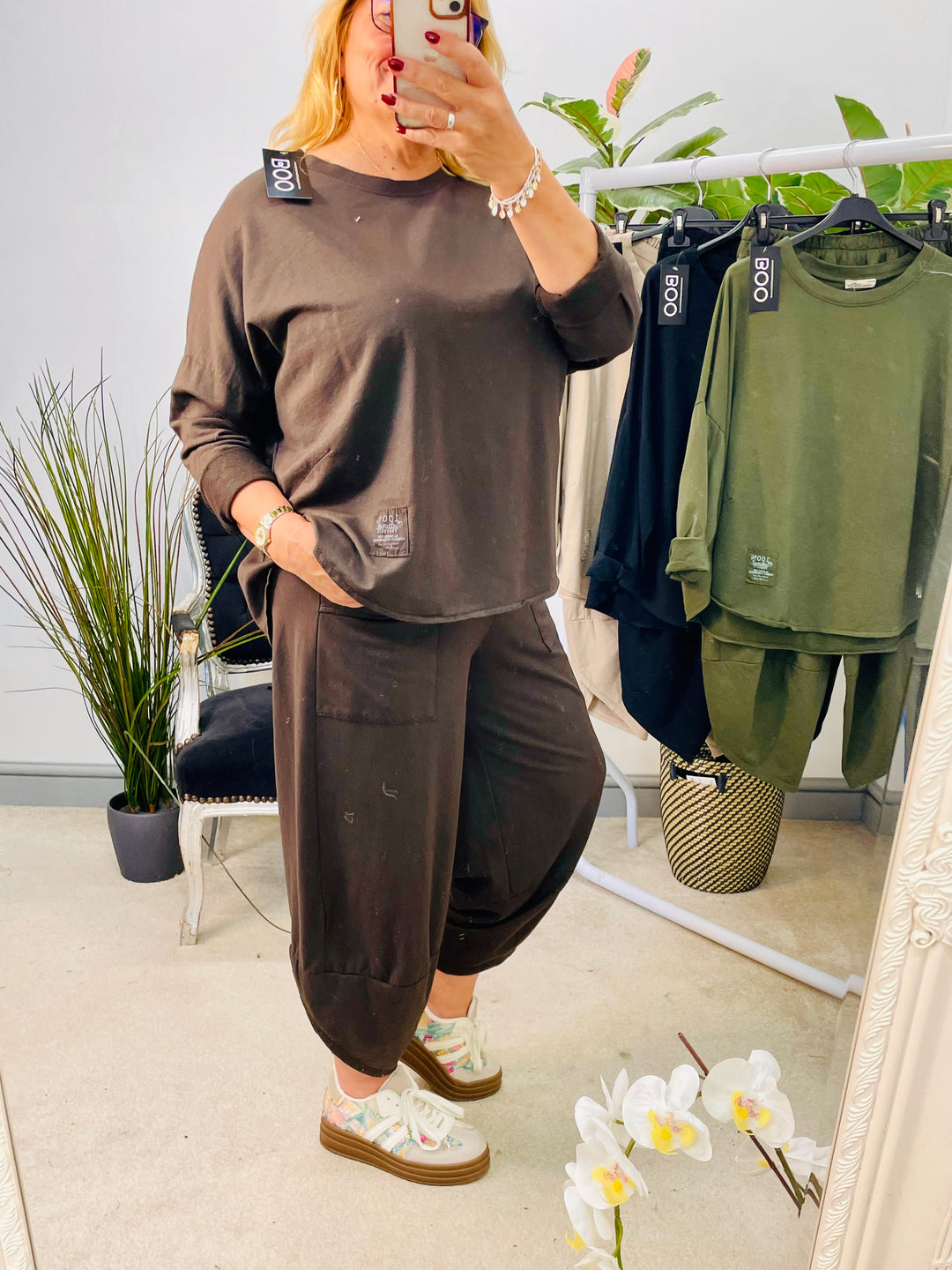 LADIES HAREM TROUSER CO ORD SET - BLACK, KHAKI, MOCHA & BROWN