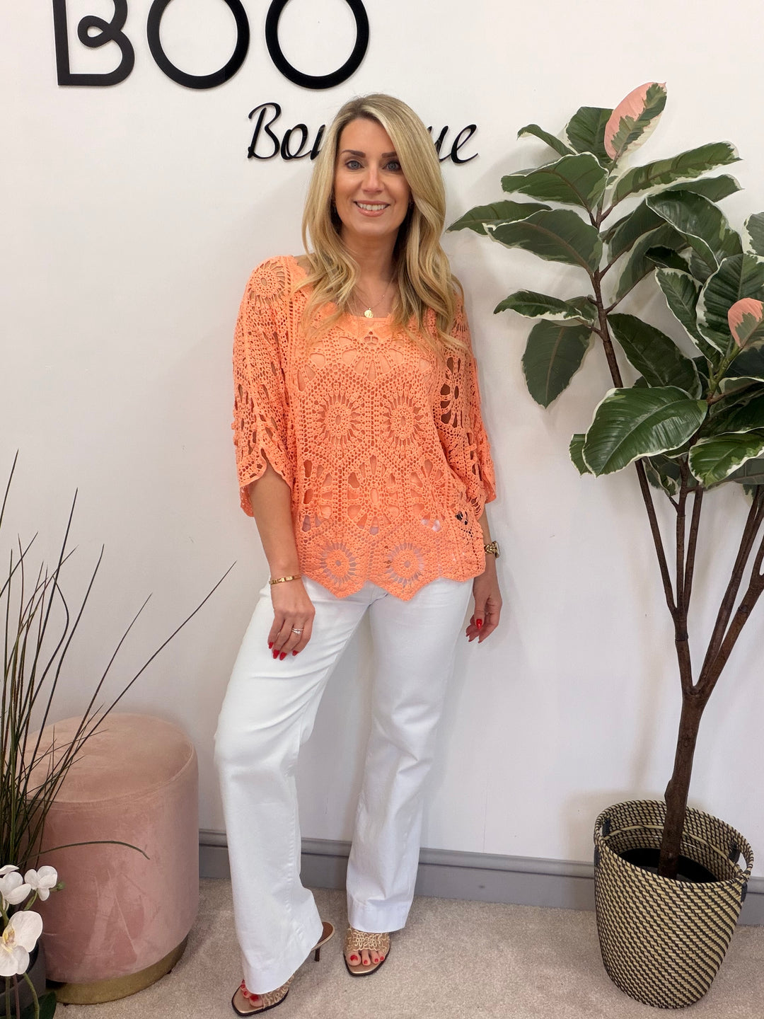 Ladies Fashion Crochet Open Knit Top peach