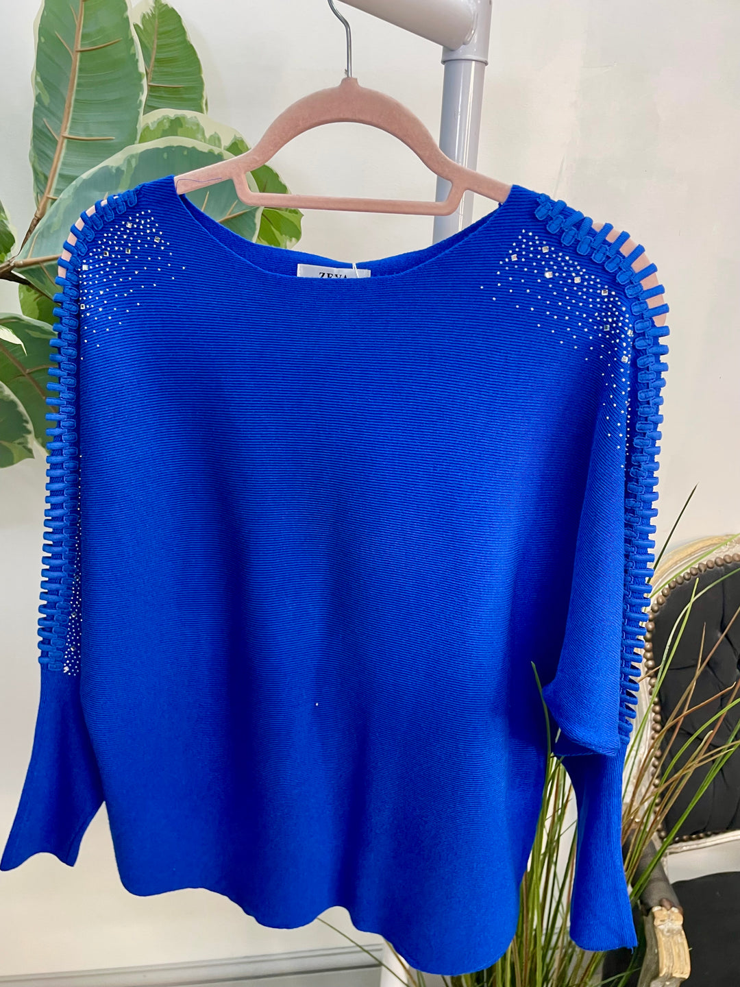 LADIES DIAMANTE BATWING JUMPER ROYAL BLUE