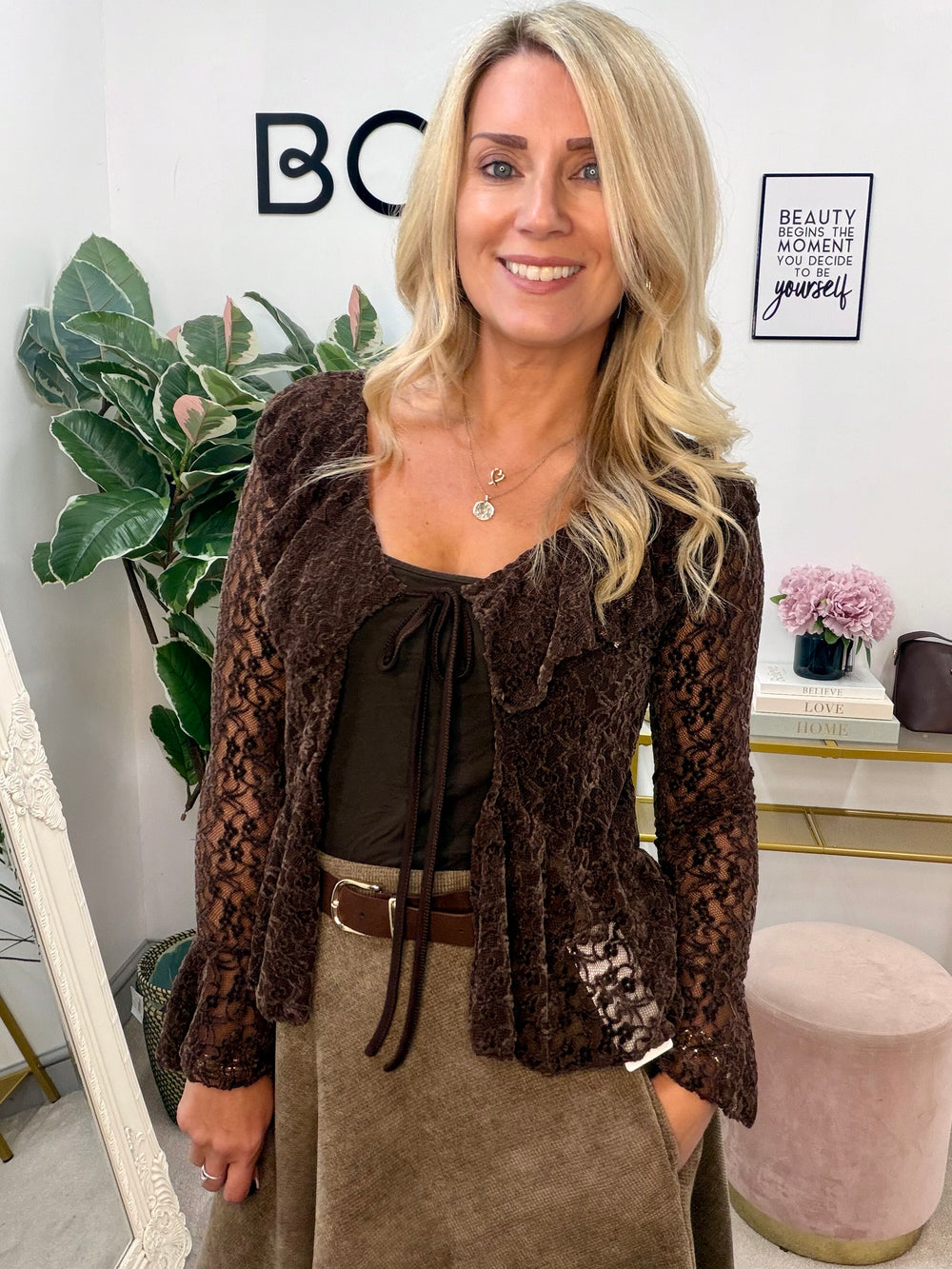 Ladies Fashion Lace Bolero Cardigan - Brown, White & Black