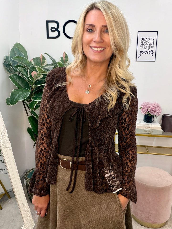 Ladies Fashion Lace Bolero Cardigan - Brown, White & Black