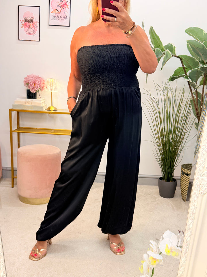 Ladies Fashion Satin Bandeau Harem Leg Jumpsuit - Black, Brown & Wine
