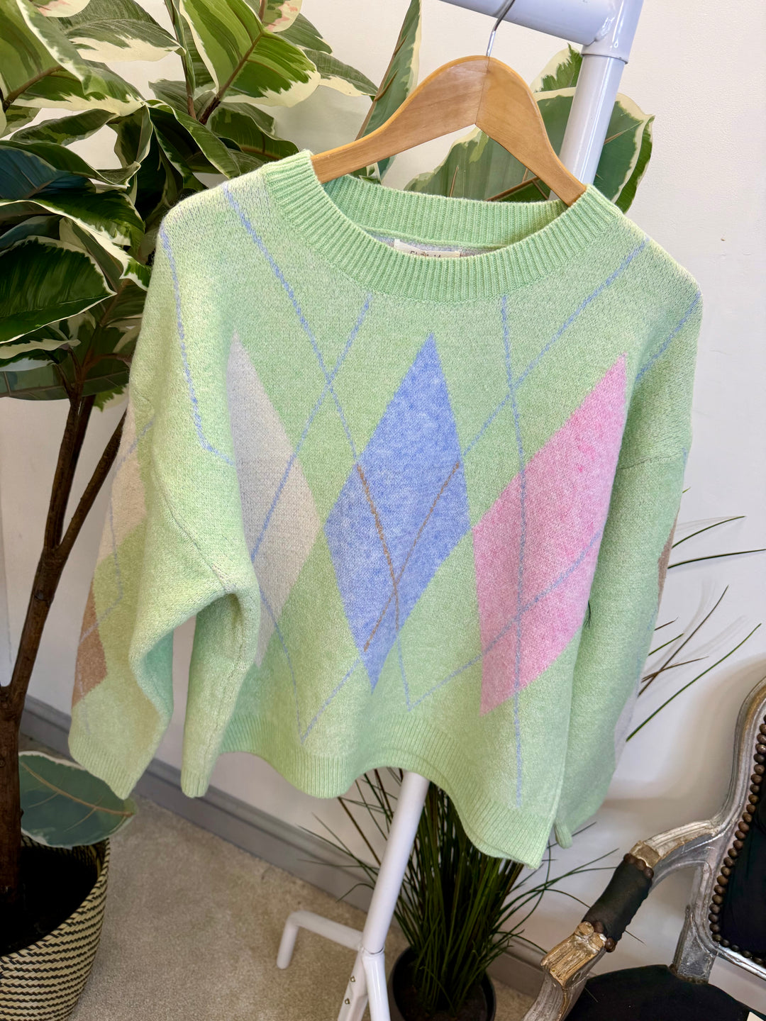 LADIES SOFT KNIT ARGYLE JUMPER - PINK, LEMON, BLUE, MINT & CREAM