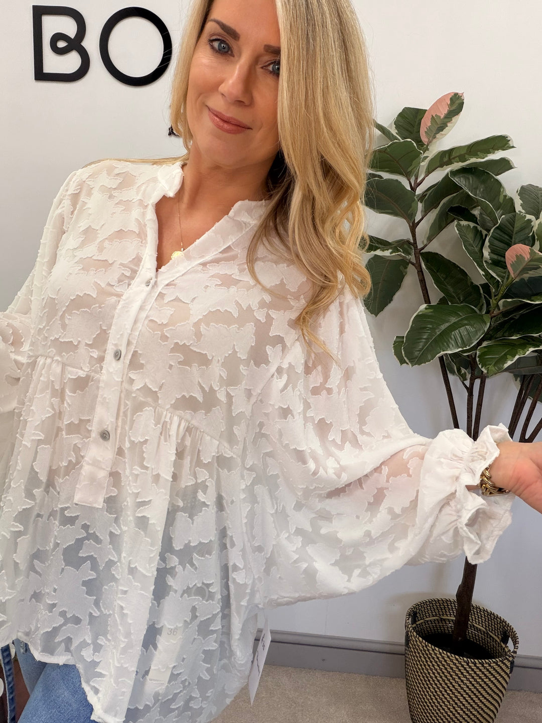 Ladies Fashion Smock V Neck Blouse Top - White, Lemon & Peach