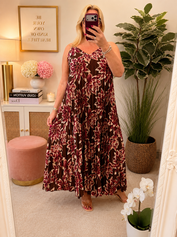 Ladies Pleated Satin Summer Maxi Dress - Brown, Khaki & Blue