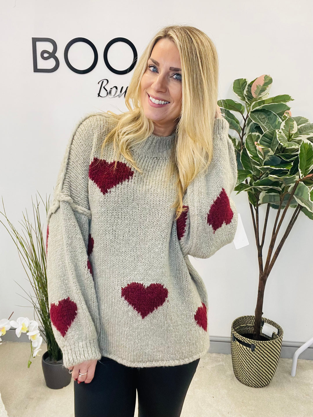 LADIES CHUNKY KNIT HEART JUMPER - MOCHA, BEIGE, BROWN & PINK