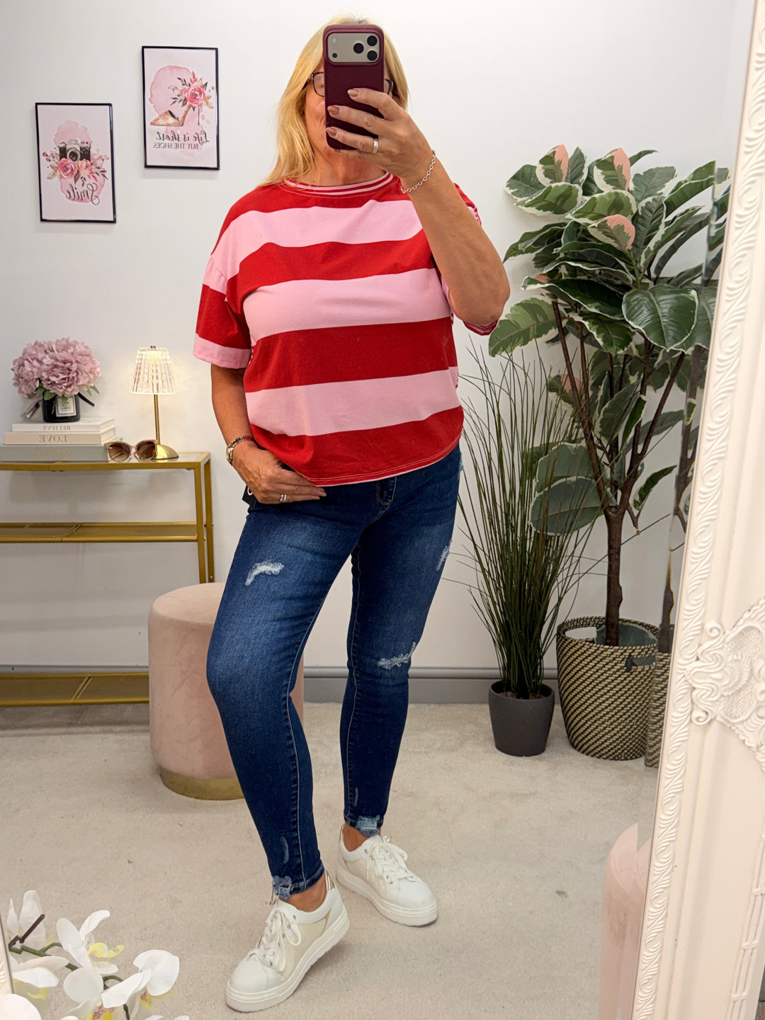 Ladies Colour Block Stripe T Shirt Top - Chocolate/Pink and Pink/Red