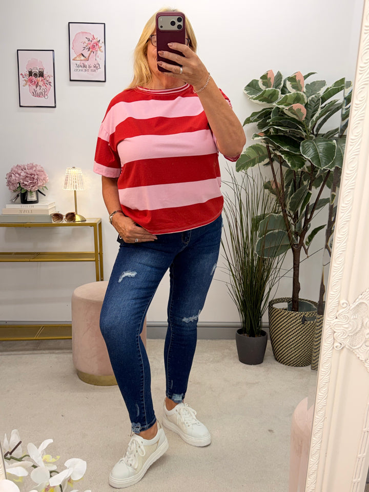 Ladies Colour Block Stripe T Shirt Top - Chocolate/Pink and Pink/Red