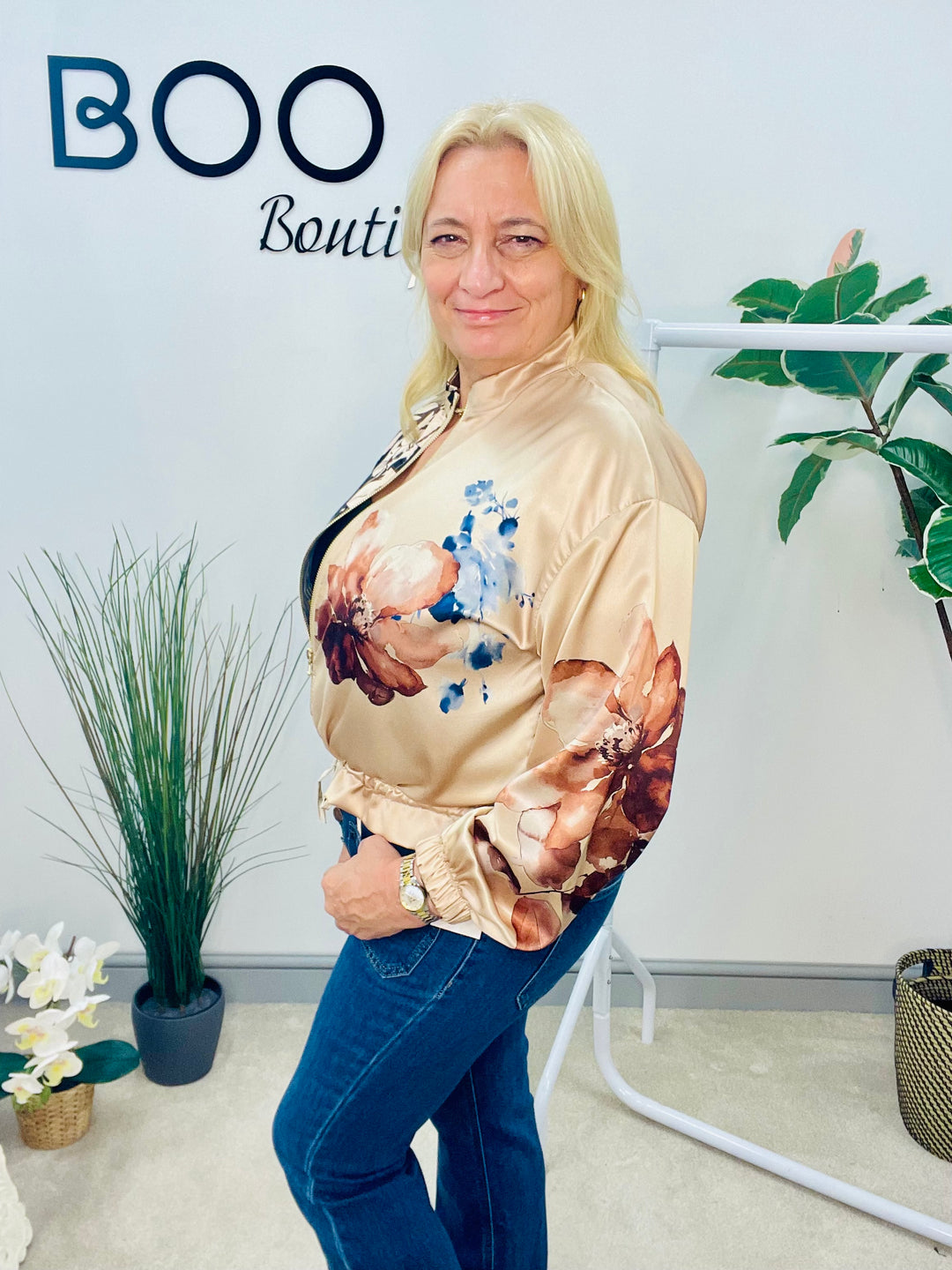 LADIES GOLD SATIN FASHION BOMBER JACKET