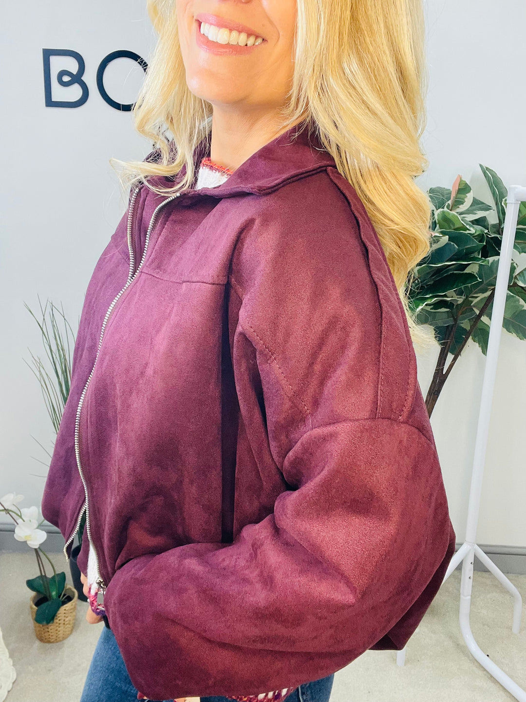 LADIES FASHION FAUX SUEDE BOMBER JACKET - BLACK, BEIGE, BROWN & BURGUNDY WINE