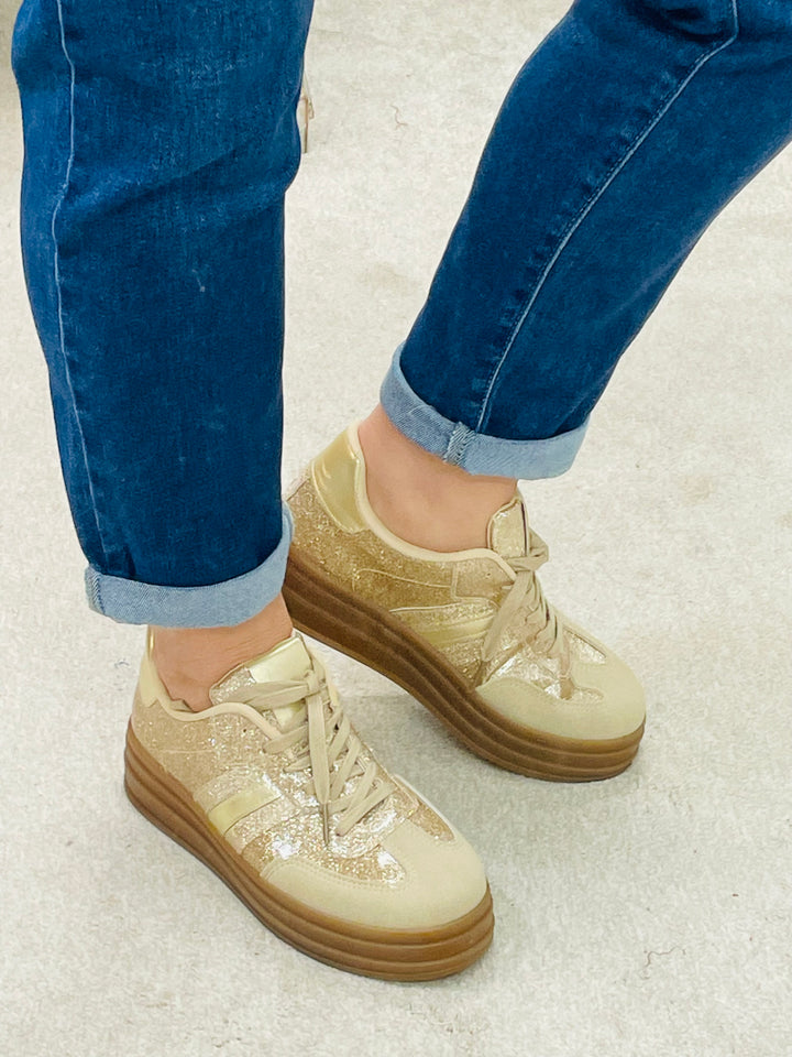 GOLD GLITTER FLATFORM TRAINERS ( LT33 )