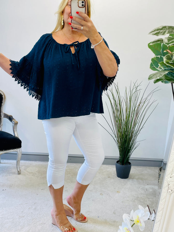 LADIES BRODERIE ANGLAISE BARDOT SUMMER TOP - PINK, WHITE, BLUE, NAVY, YELLOW