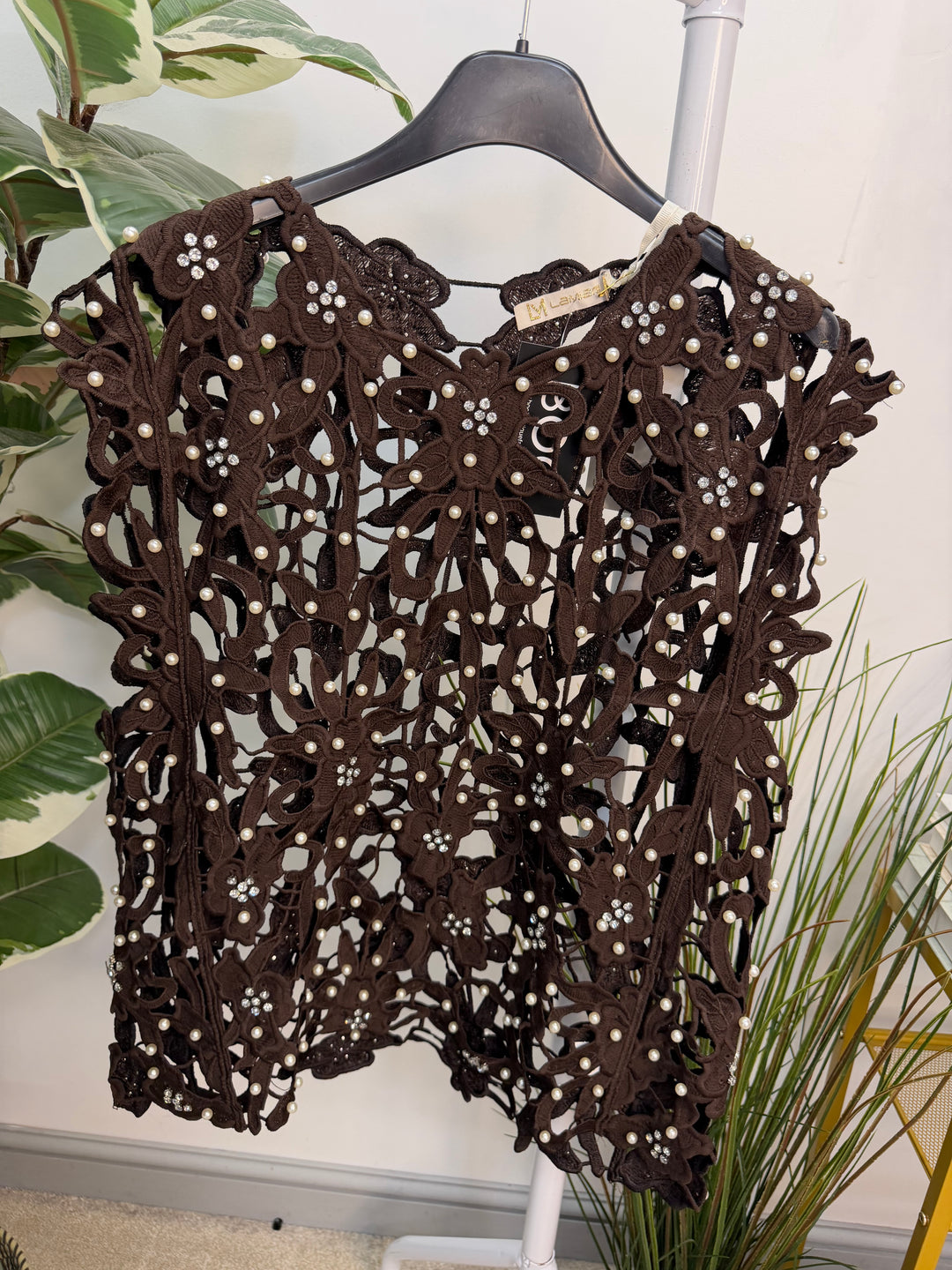 Women’s Crochet Pearl & Diamanté Top - Black, White, Wine, Brown 