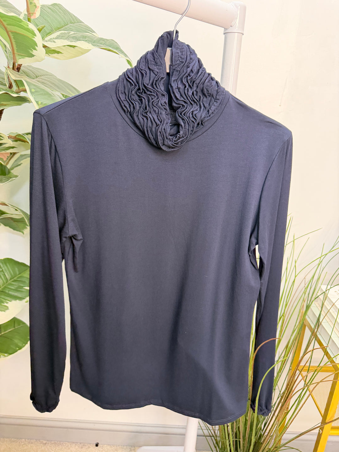 Women’s ruffle roll neck basic layering top navy