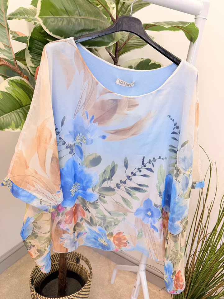 Ladies Flower Print Silky Floaty Summer Top - Pink & Blue
