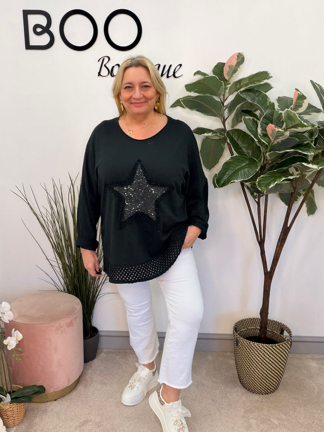 Ladies Fashion Oversize Star Sweatshirt style Top - black, white, pink, raspberry & grey