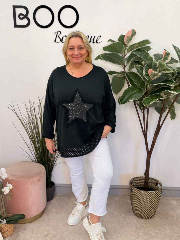 Ladies Fashion Oversize Star Sweatshirt style Top - black, white, pink, raspberry & grey