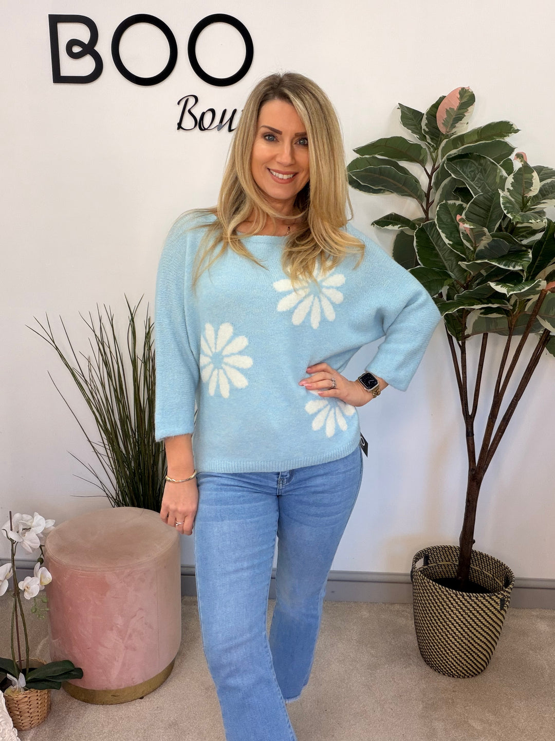 Ladies Fashion Daisy Short Sleeve Jumper - lemon, blue, white & pink