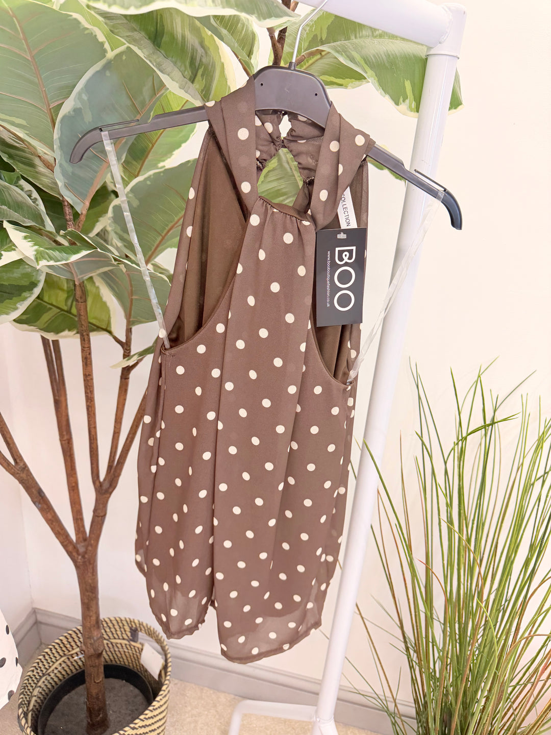 Ladies Fashion Polka Dot High Neck Top chocolate brown