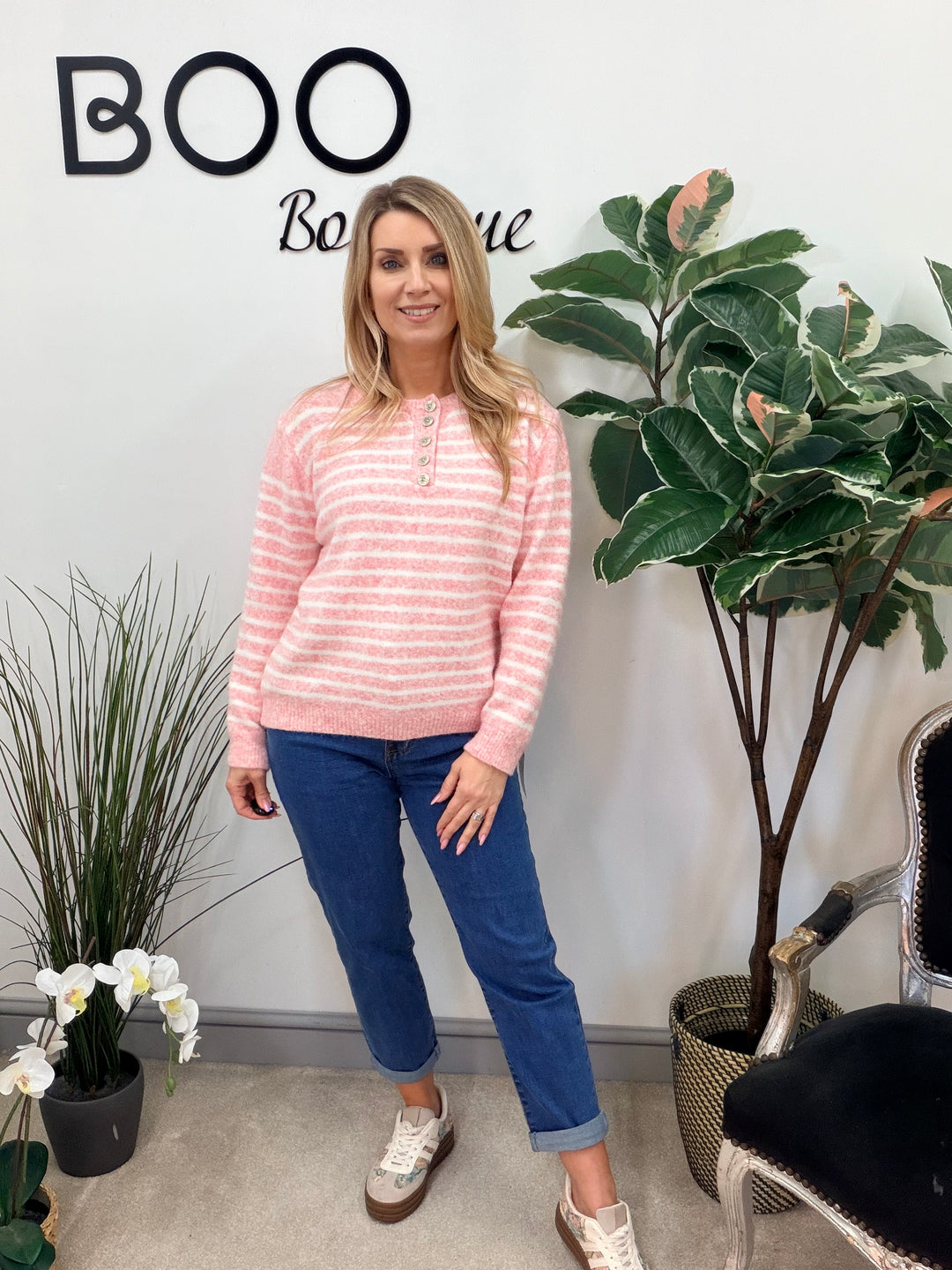 LADIES SOFT KNIT STRIPE GRANDAD JUMPER - LEMON, PINK, BLUE & BEIGE