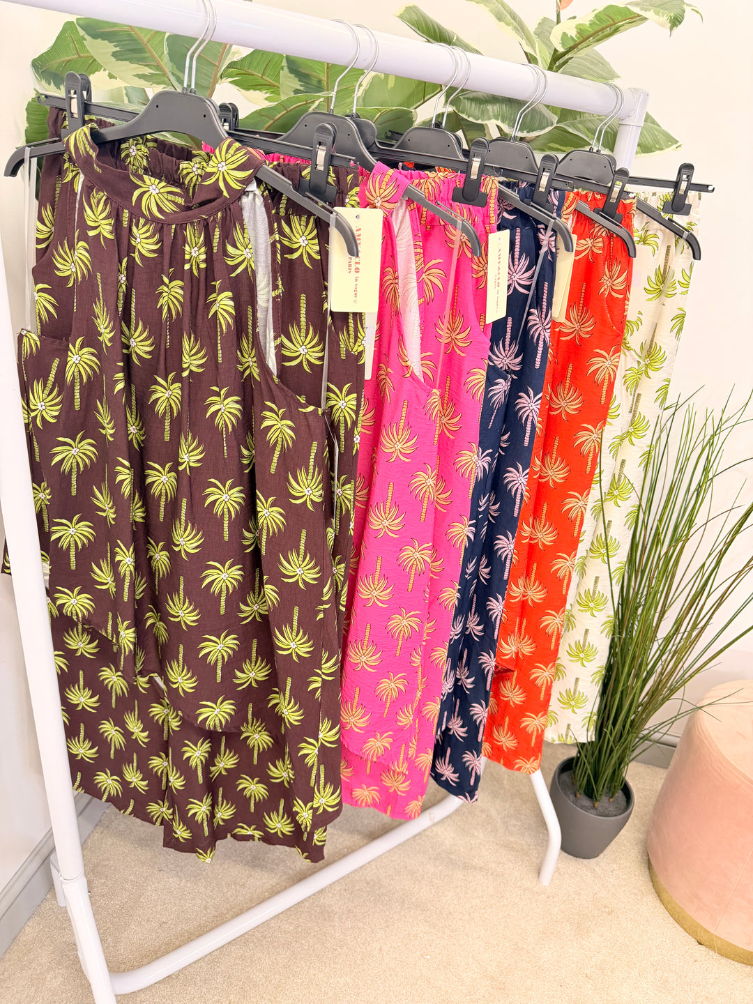 Ladies Palm Tree Print Fashion Trouser Co Ord Set - Navy, White, Pink, Brown & Orange